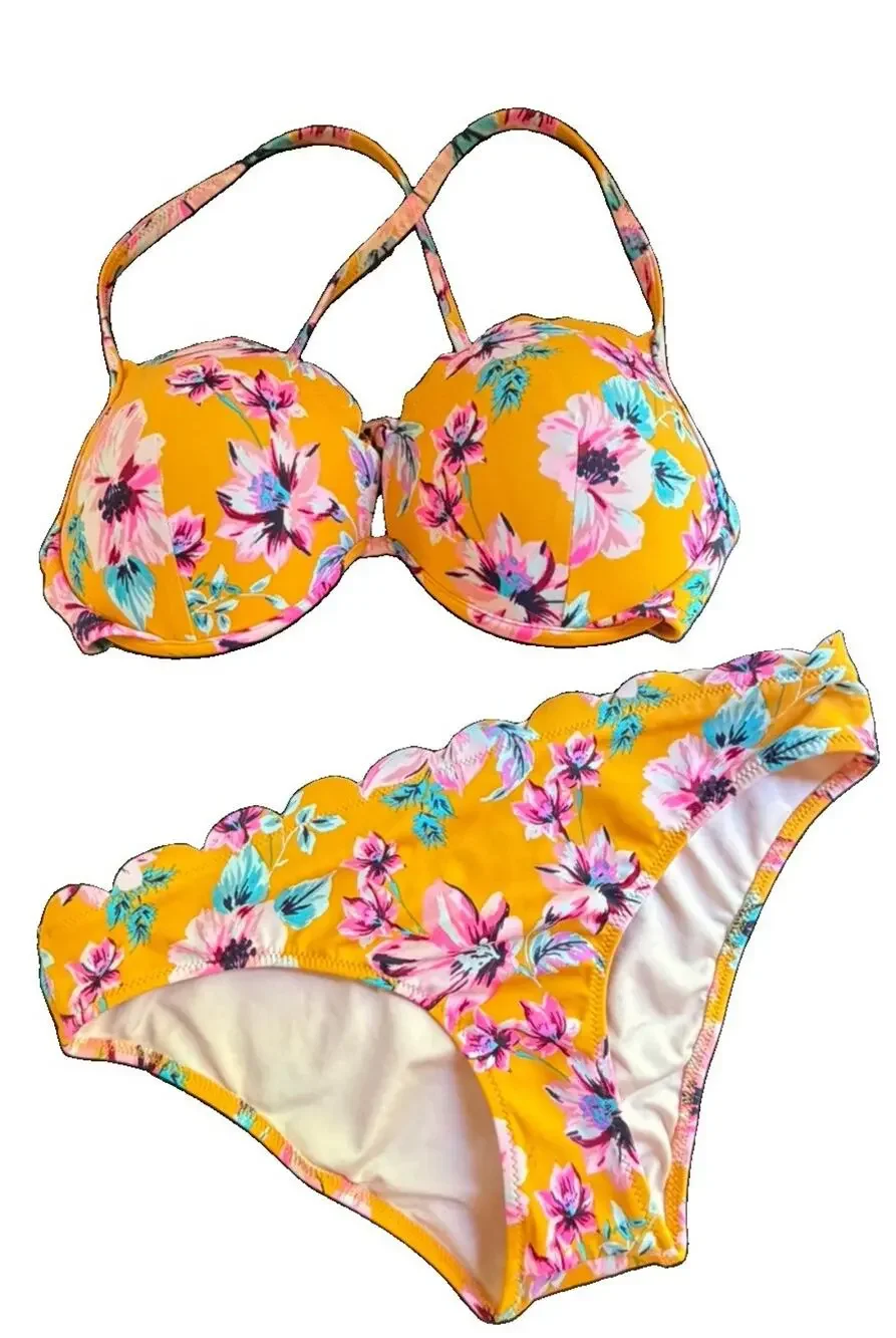 Shade & Shore Scalloped Floral Bikini 34D, Medium Bottom
